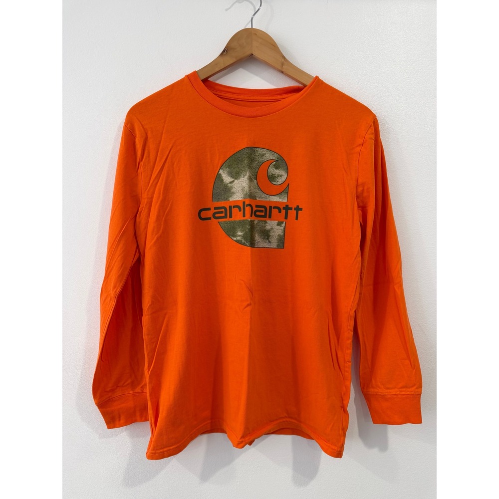 Carhartt Kids Orange Long Sleeve Camo Logo Graphic T-Shirt Size L 14-16